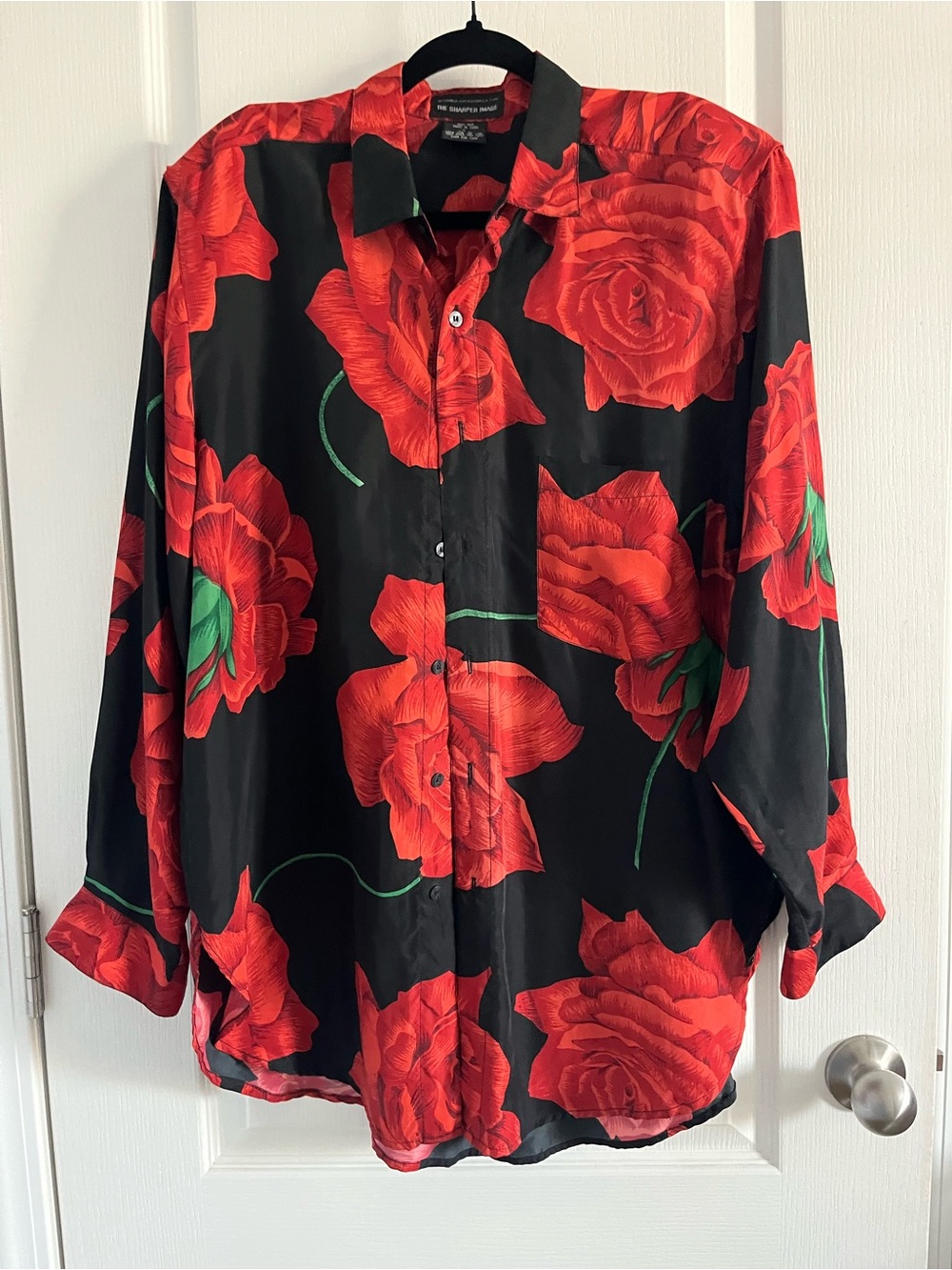 Sharper Image 100% Black Button-Up Shirt with Red Rose Print Oversized Large